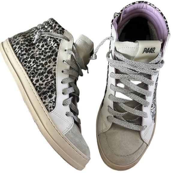 P448 Women’s Skate Glitter Lace-Up High Top Sneakers Size 38 Leather Shoe Italy - Picture 3 of 16